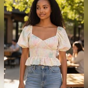 NWT Free the Roses Pastel Eyelet Smocked Puff Sleeve Crop Top
